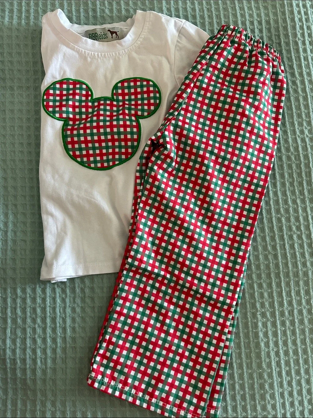 Kids Mickey Mouse appliqué  Set with Red & Green Plaid